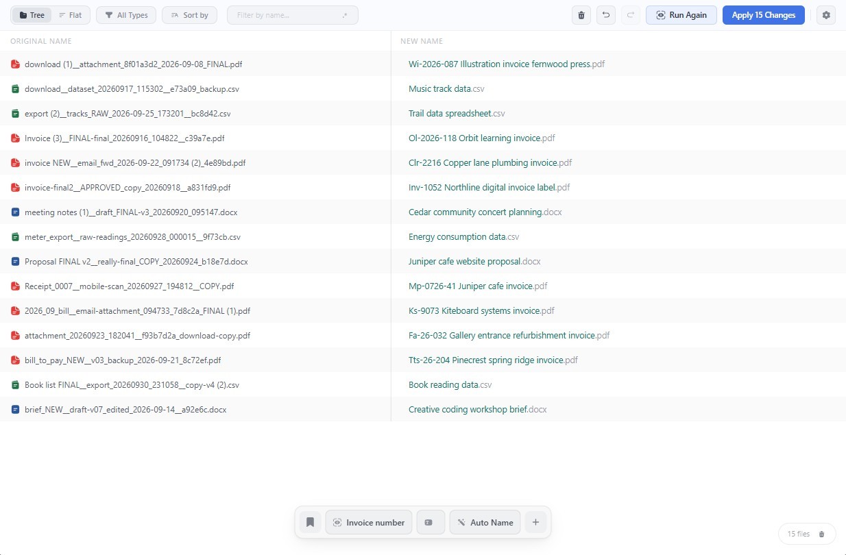 Renamy showing original filenames alongside descriptive new names before applying a batch rename